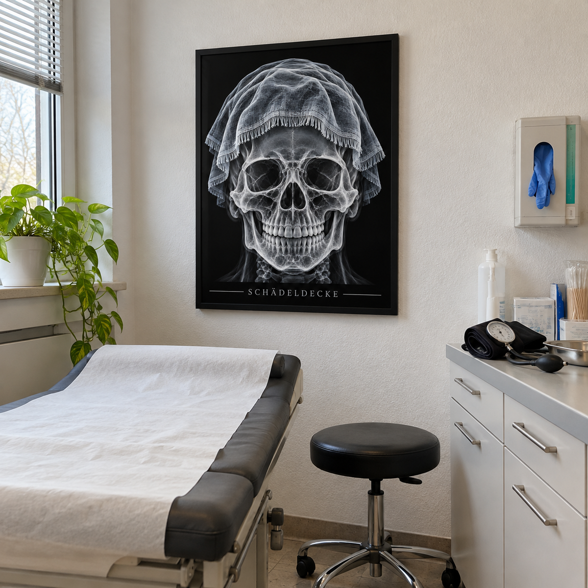 Schädeldecke – Fransendecke – gerahmtes Wandbild im Behandlungszimmer