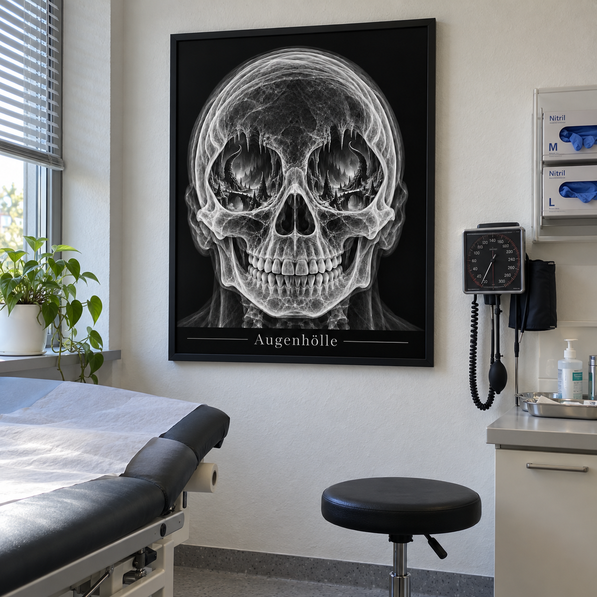 Augenhölle – Schattenbrücken – gerahmtes Wandbild im Behandlungszimmer