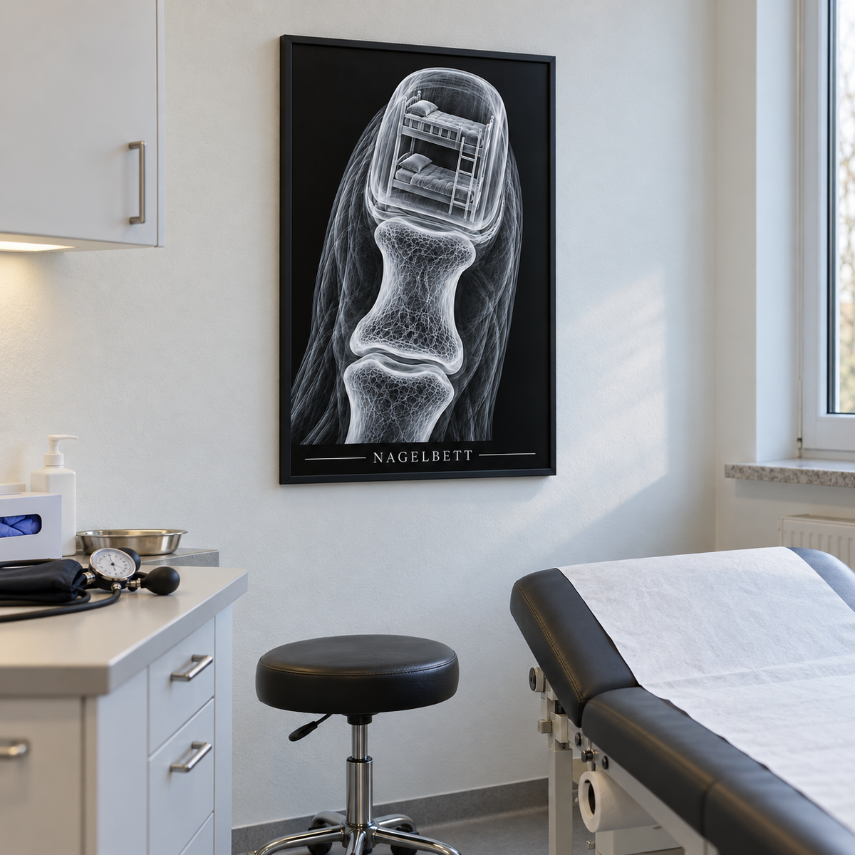 Nagelbett – Etagenbett – gerahmtes Wandbild im Behandlungszimmer