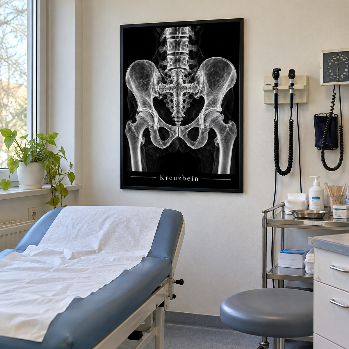 Kreuzbein – gerahmtes Wandbild im Behandlungszimmer