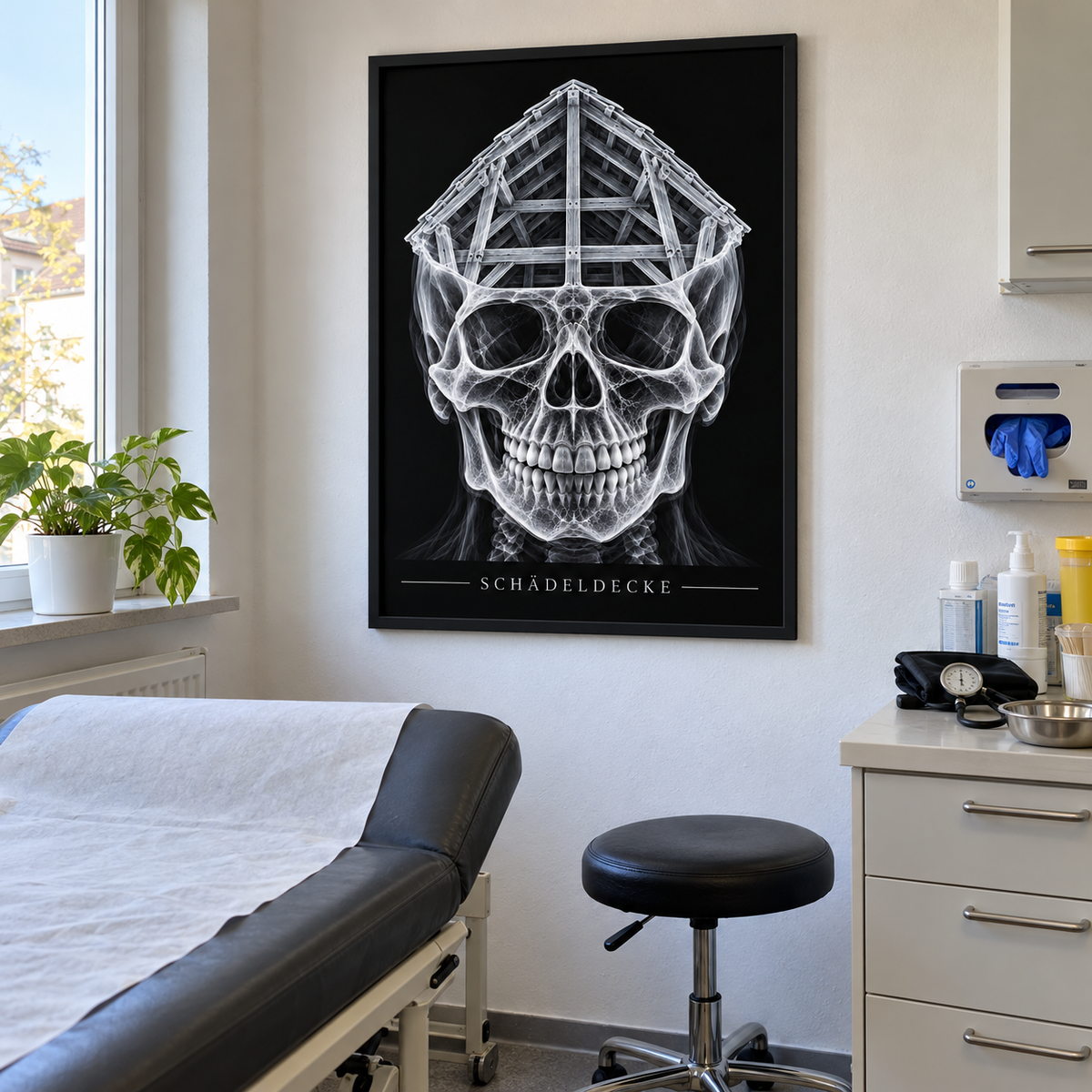 Schädeldecke – Dachstuhl – gerahmtes Wandbild im Behandlungszimmer