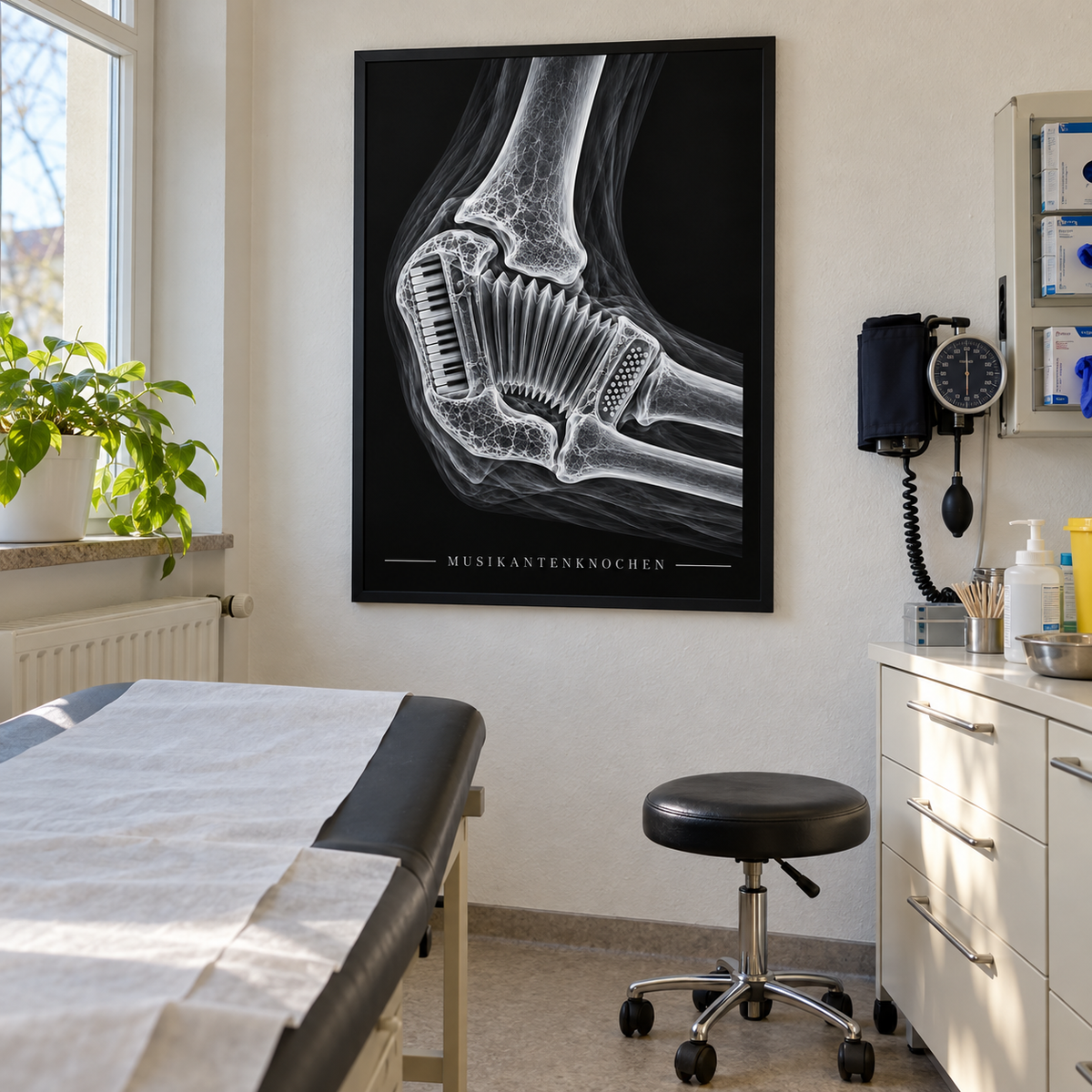Musikantenknochen – Akkordeon – gerahmtes Wandbild im Behandlungszimmer