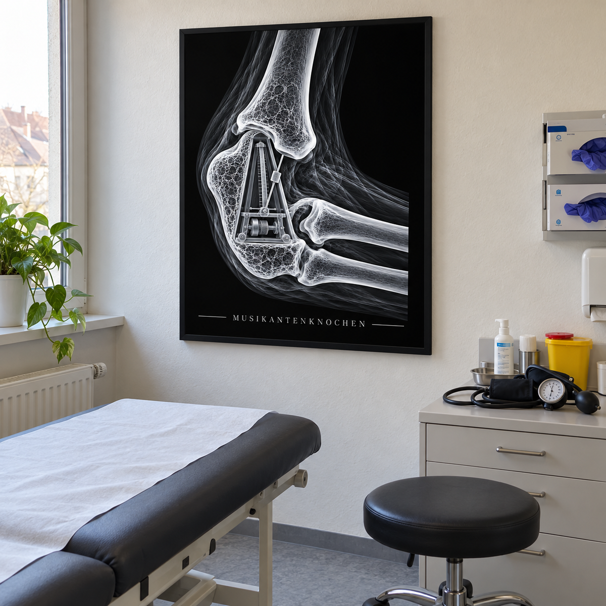 Musikantenknochen – Metronom – gerahmtes Wandbild im Behandlungszimmer