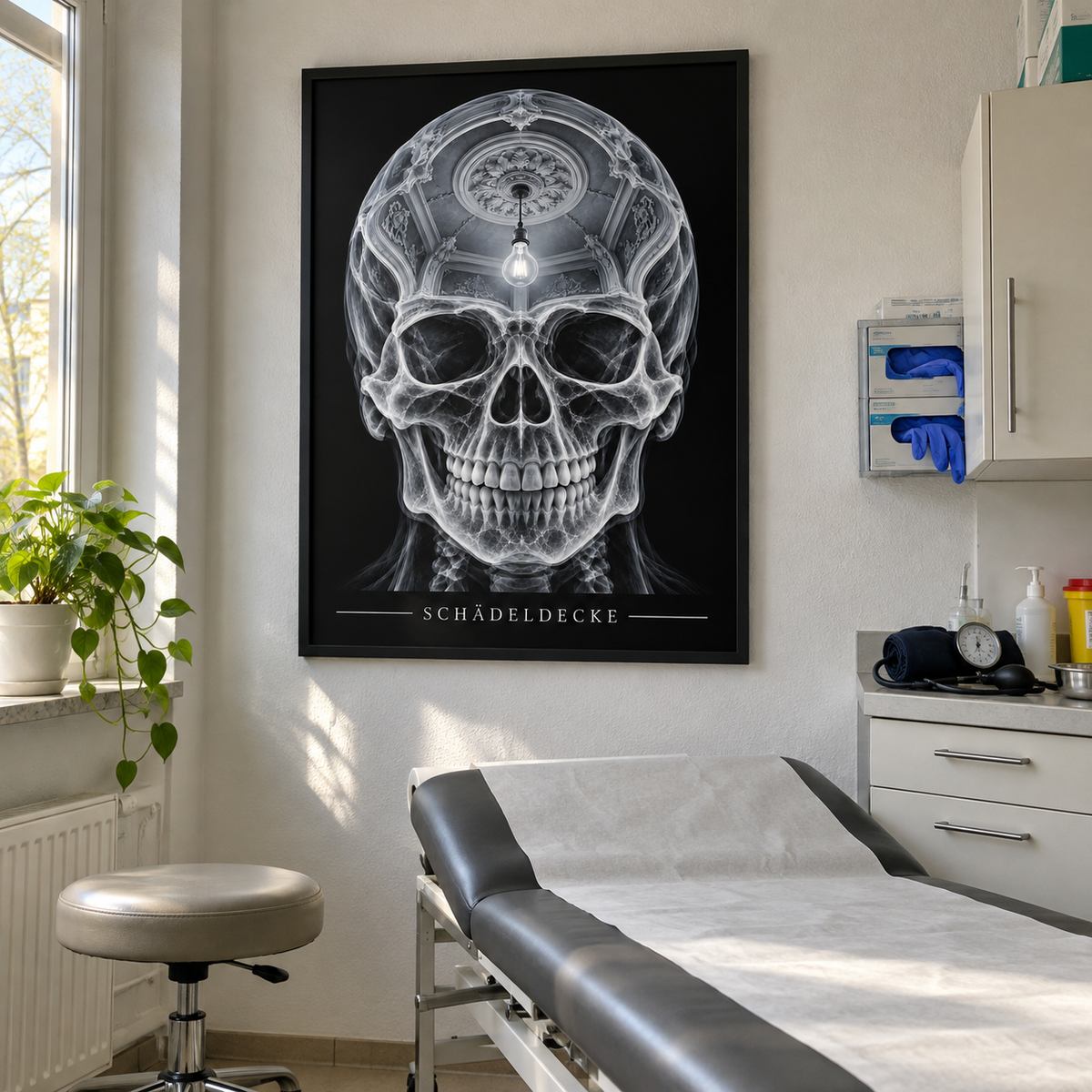 Schädeldecke – Stuckgewölbe – gerahmtes Wandbild im Behandlungszimmer