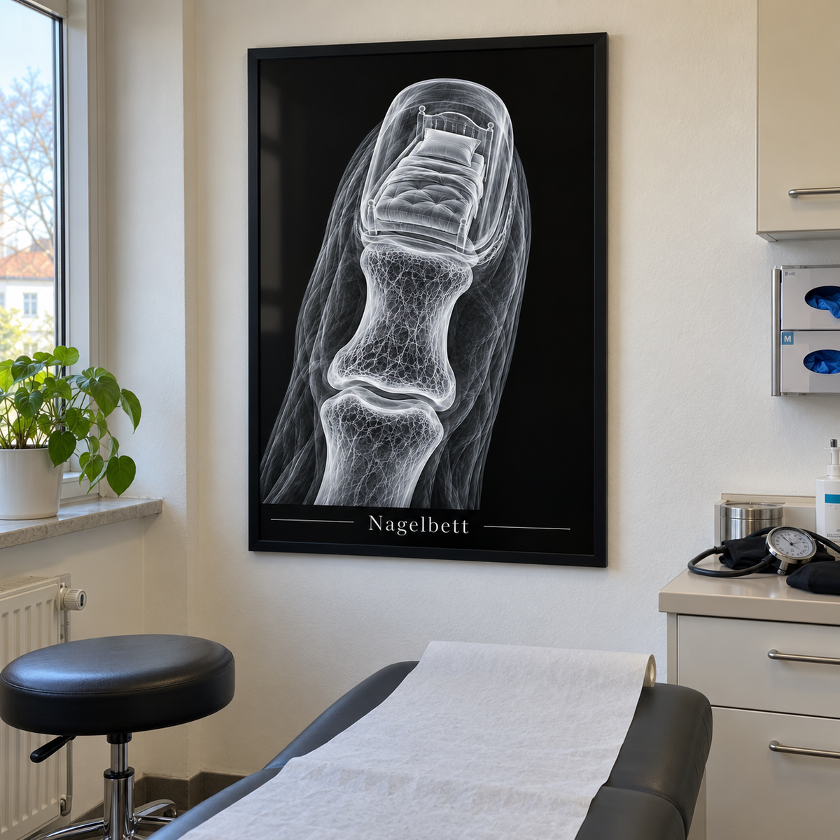 Nagelbett – gerahmtes Wandbild im Behandlungszimmer