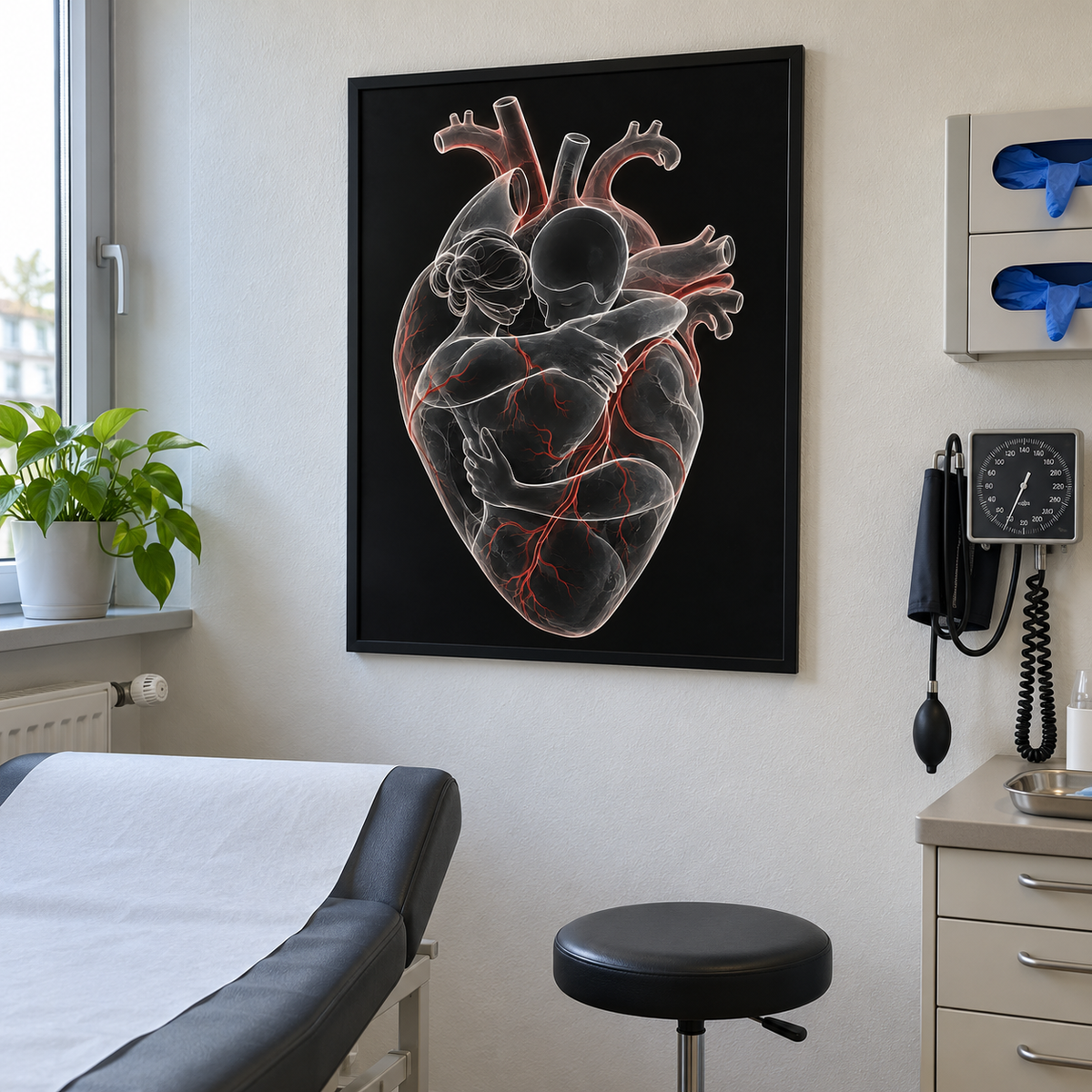 Herzumarmung – Roter Herzschlag als gerahmtes Wandbild im Behandlungsraum.