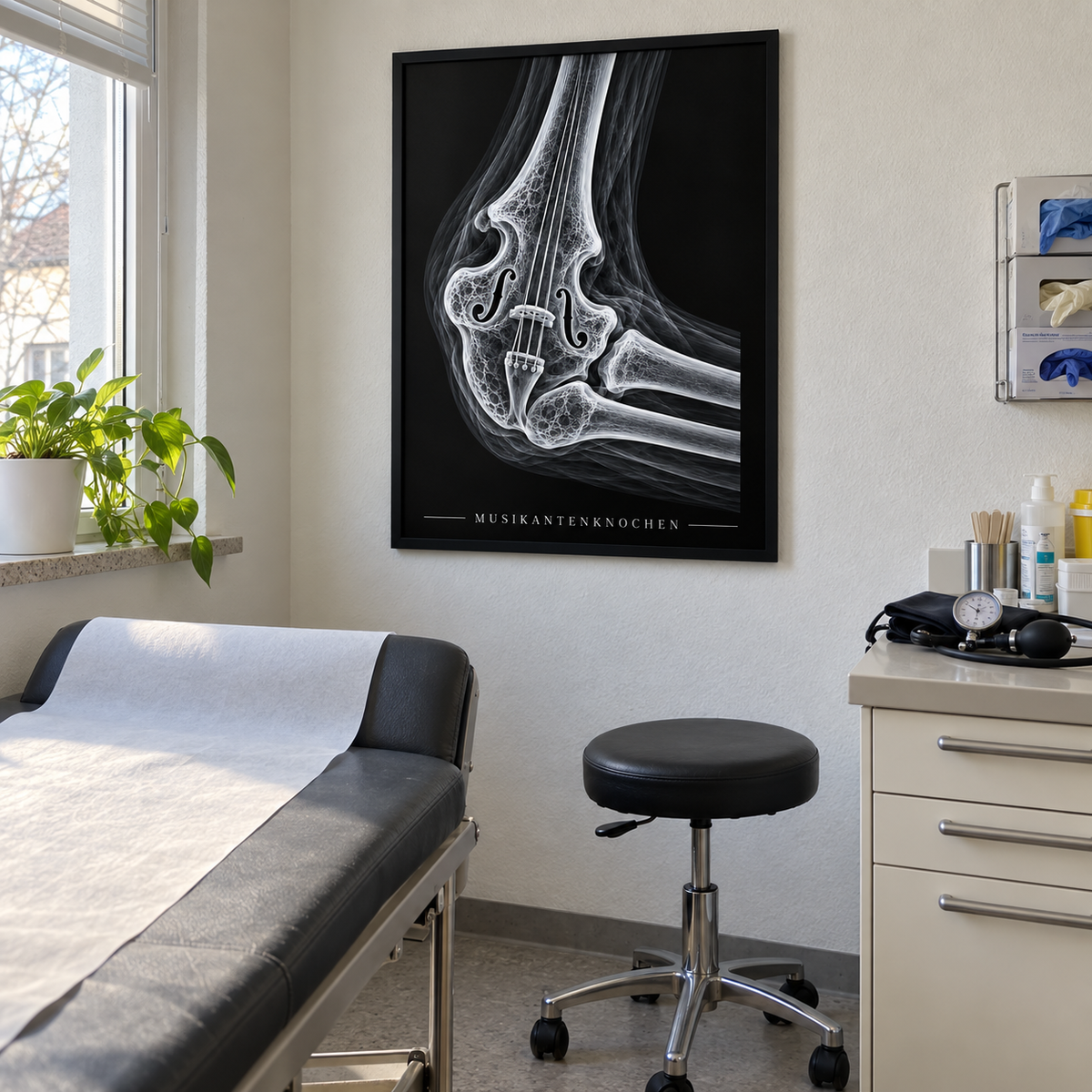 Musikantenknochen – Geige – gerahmtes Wandbild im Behandlungszimmer