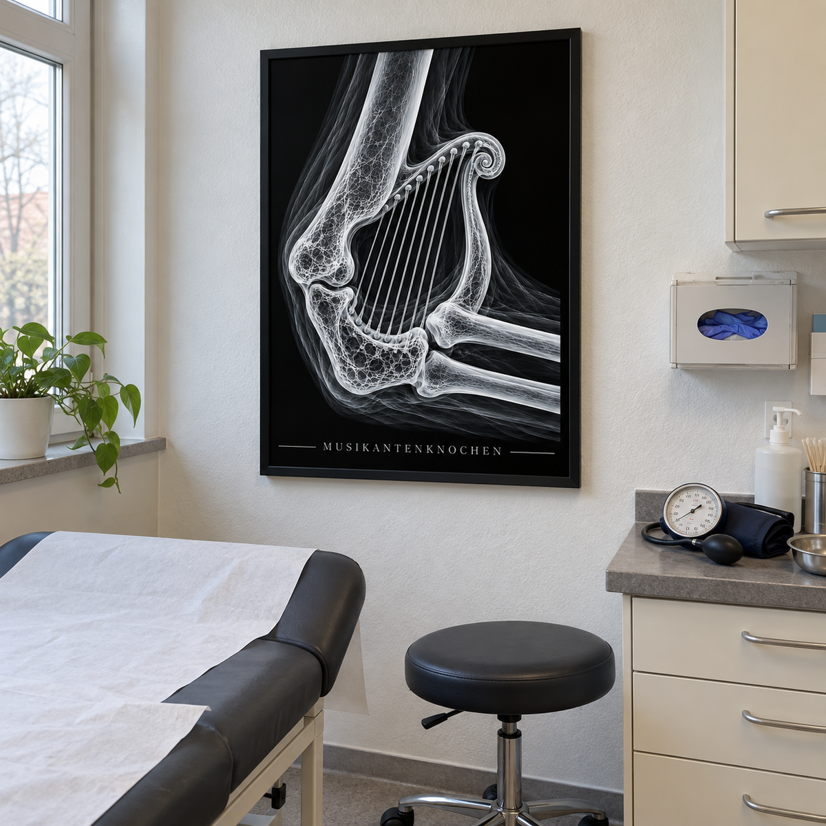 Musikantenknochen – Harfe – gerahmtes Wandbild im Behandlungszimmer
