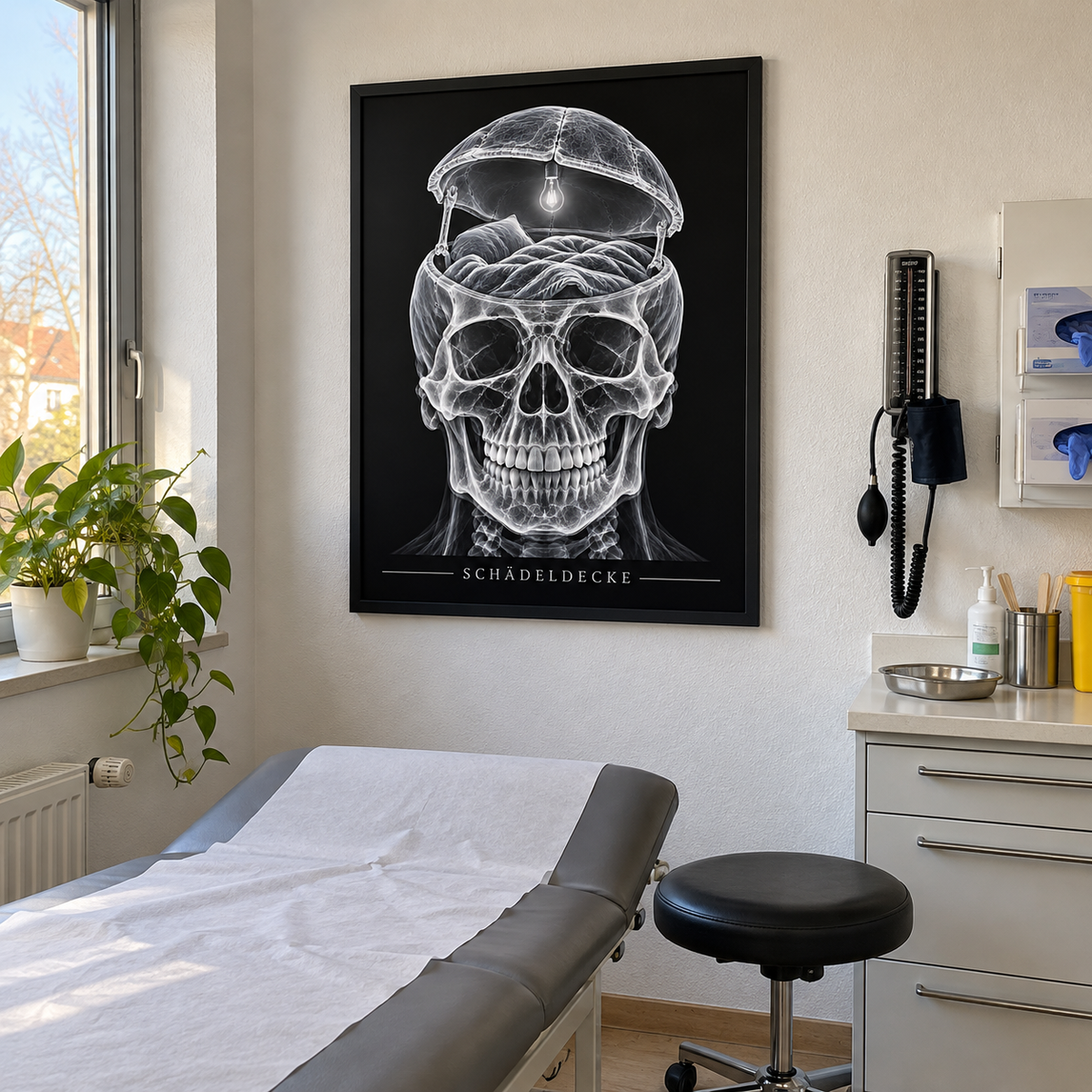 Schädeldecke – Leselicht – gerahmtes Wandbild im Behandlungszimmer