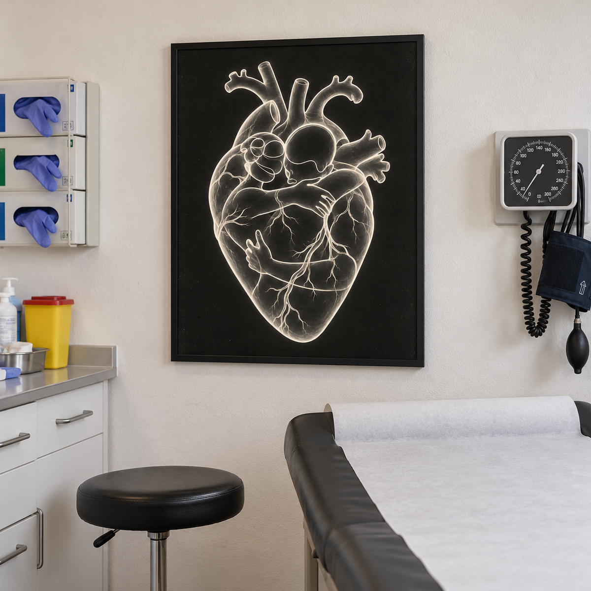 Herzumarmung – Warmes Leuchten als gerahmtes Wandbild im Behandlungsraum.