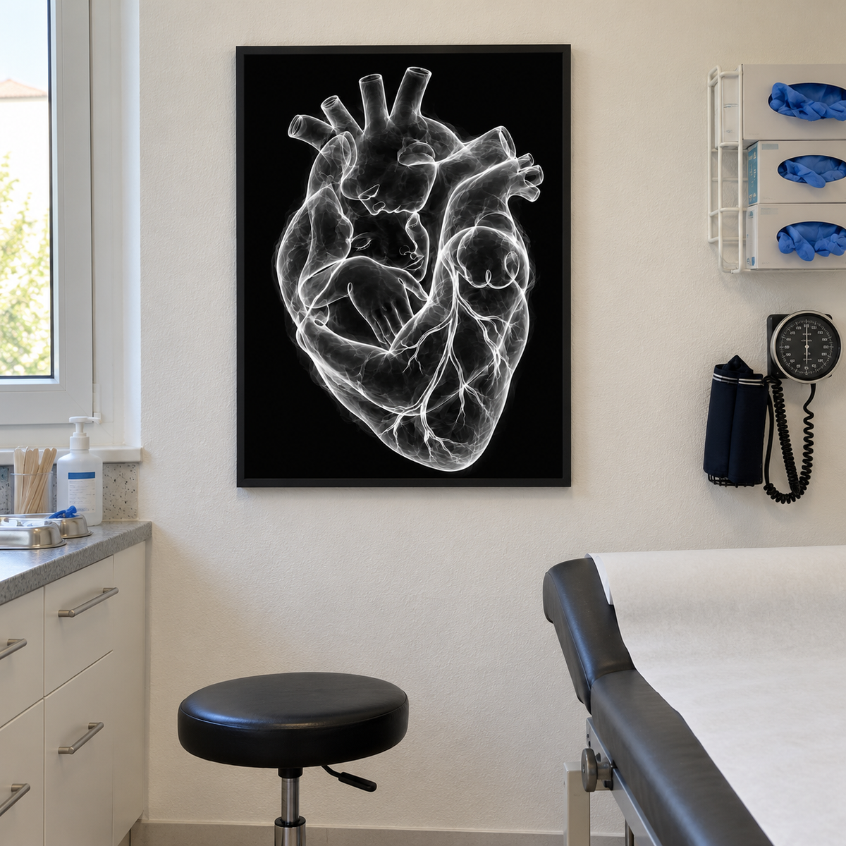 Stirnkuss – Silberne Nähe als gerahmtes Wandbild im Behandlungsraum.