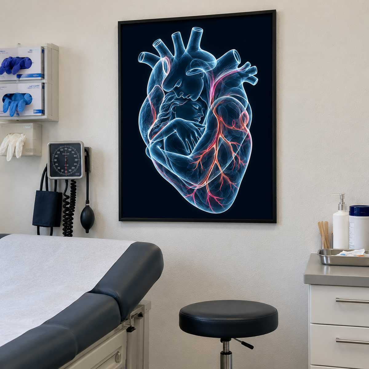 Stirnkuss – Blaue Geborgenheit als gerahmtes Wandbild im Behandlungsraum.