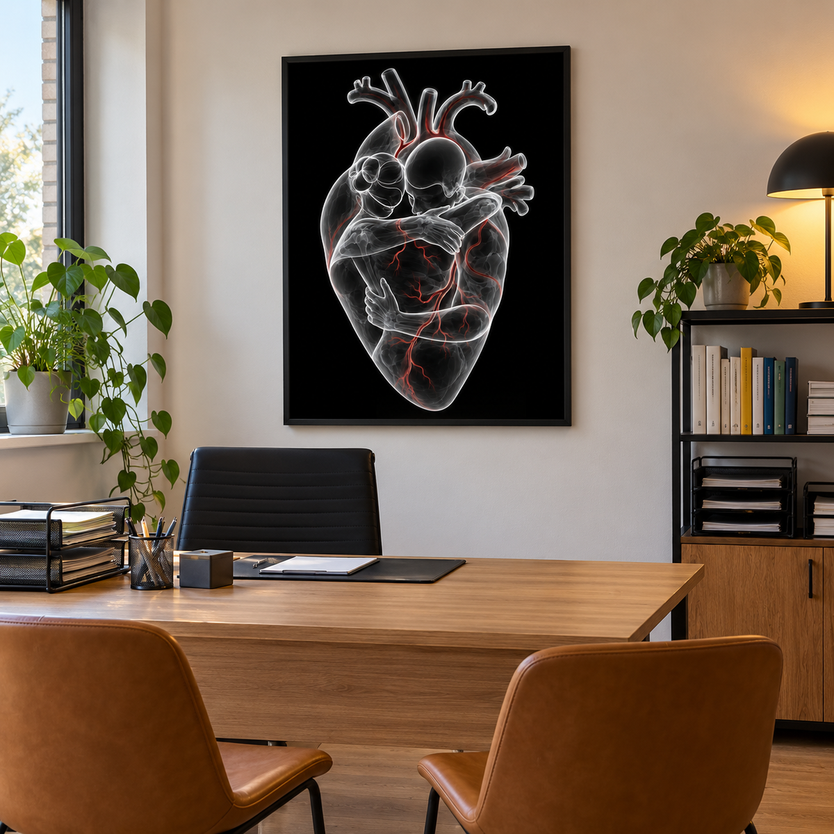 Herzumarmung – Rote Adern im schwarzen Rahmen im Gesprächszimmer einer Arztpraxis.