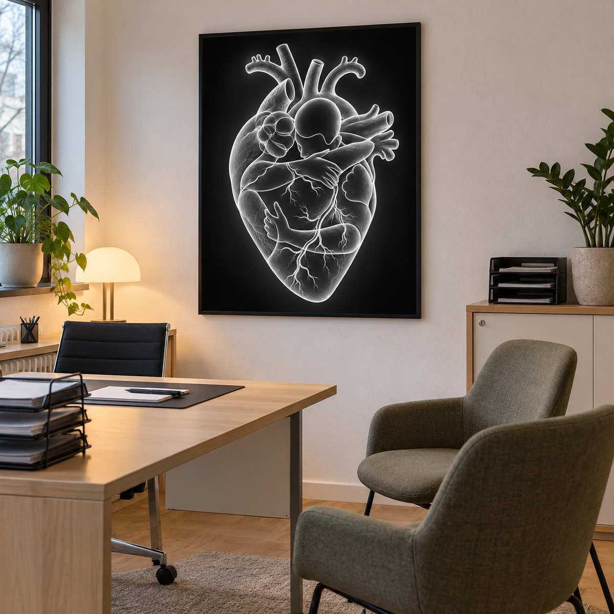Herzumarmung – Lichtschein als gerahmtes Bild im Gesprächszimmer einer Arztpraxis.