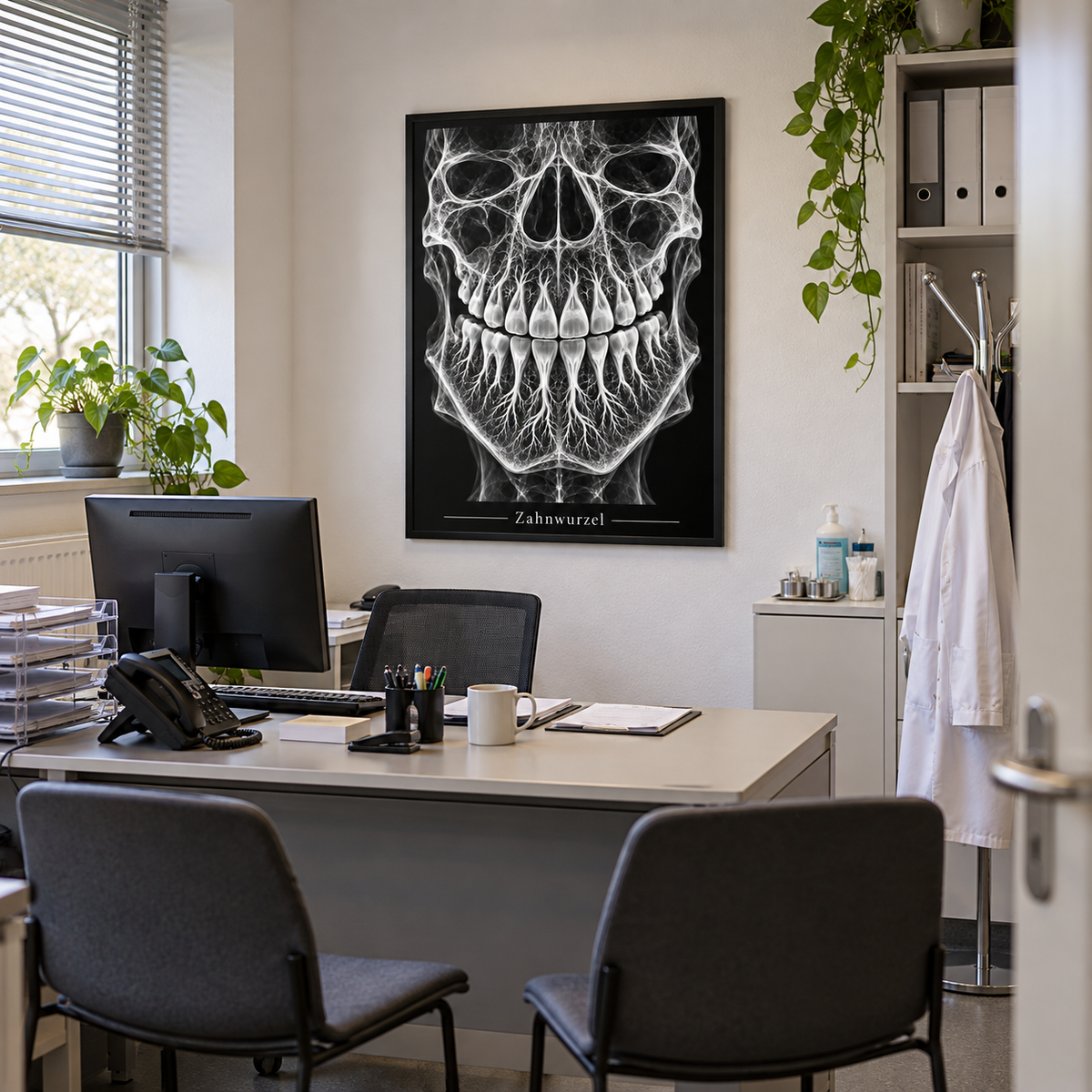 Zahnwurzel – gerahmtes Wandbild im Praxisbüro