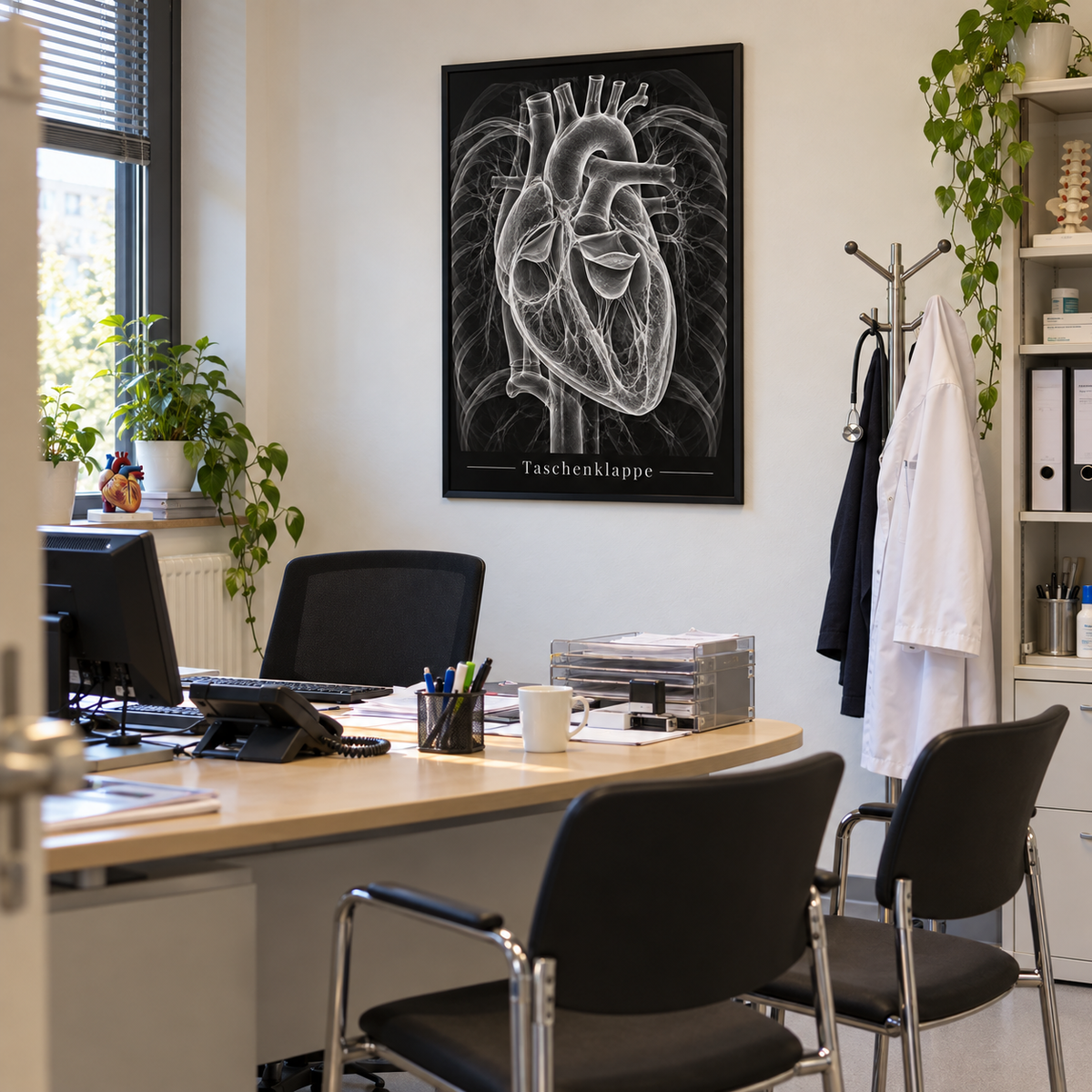 Taschenklappe – gerahmtes Wandbild im Praxisbüro
