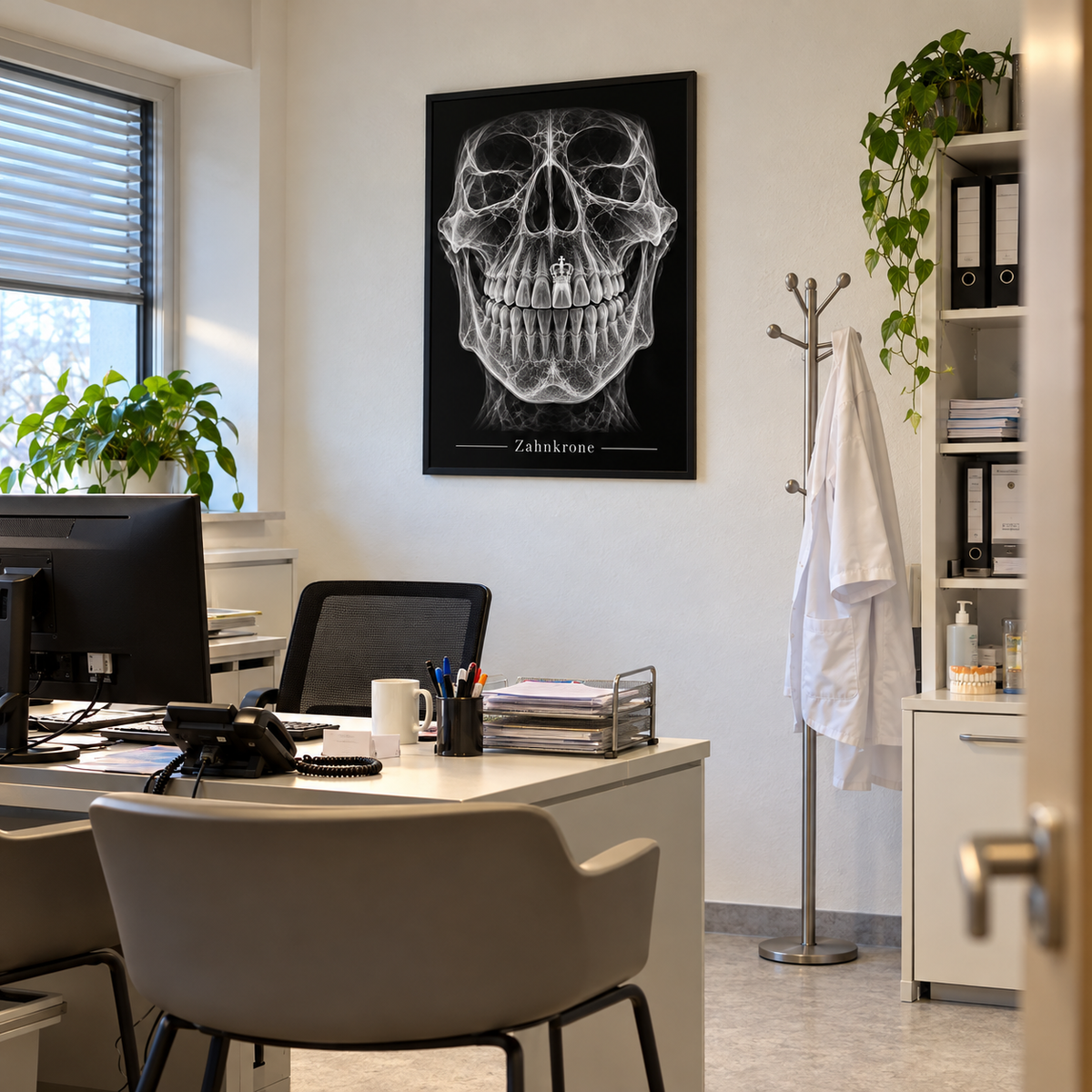 Zahnkrone – gerahmtes Wandbild im Praxisbüro