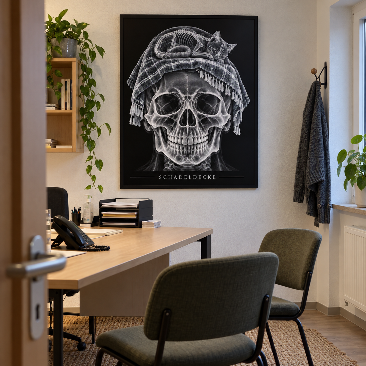 Schädeldecke – Katzenruhe – gerahmtes Wandbild im Praxisbüro