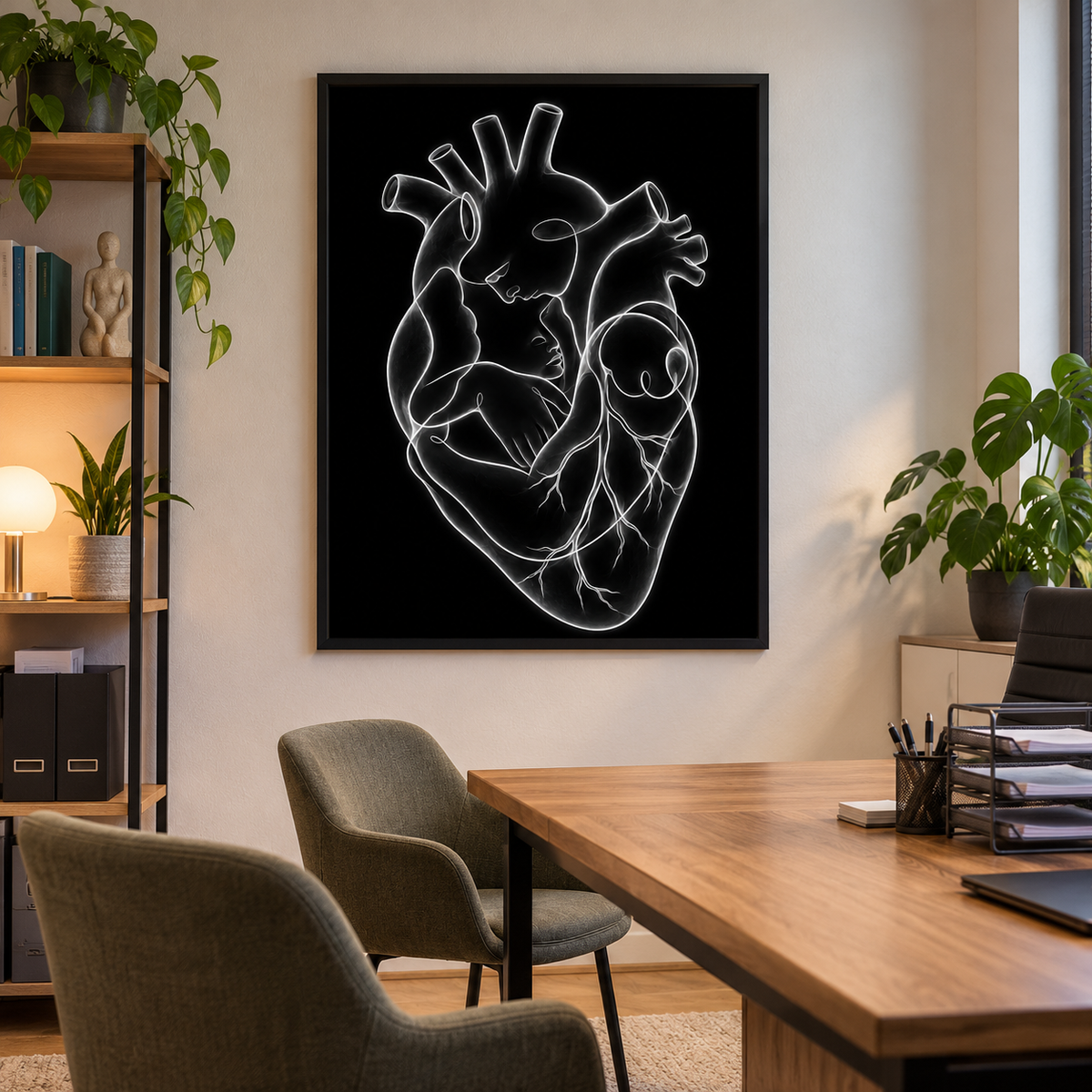 Stirnkuss – Leuchtende Stille als gerahmtes Bild im Gesprächszimmer einer Arztpraxis.