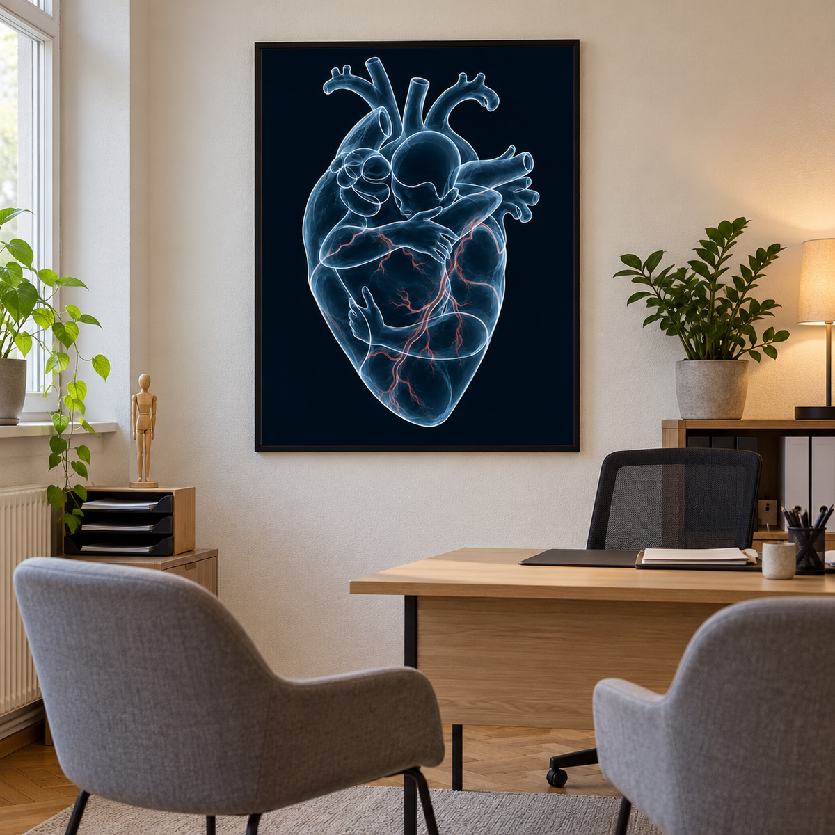 Herzumarmung – Blaue Verbundenheit als gerahmtes Bild im Gesprächszimmer einer Arztpraxis.