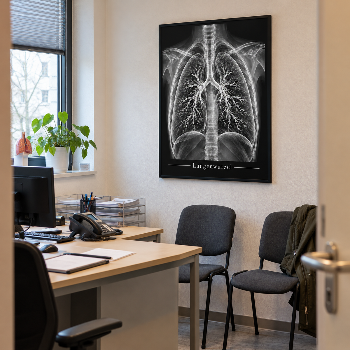 Lungenwurzel – gerahmtes Wandbild im Praxisbüro