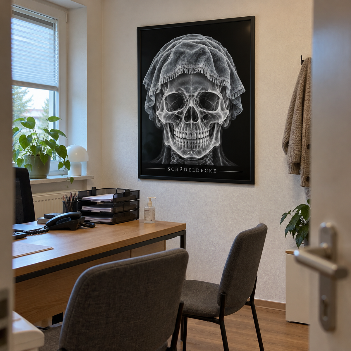 Schädeldecke – Fransendecke – gerahmtes Wandbild im Praxisbüro