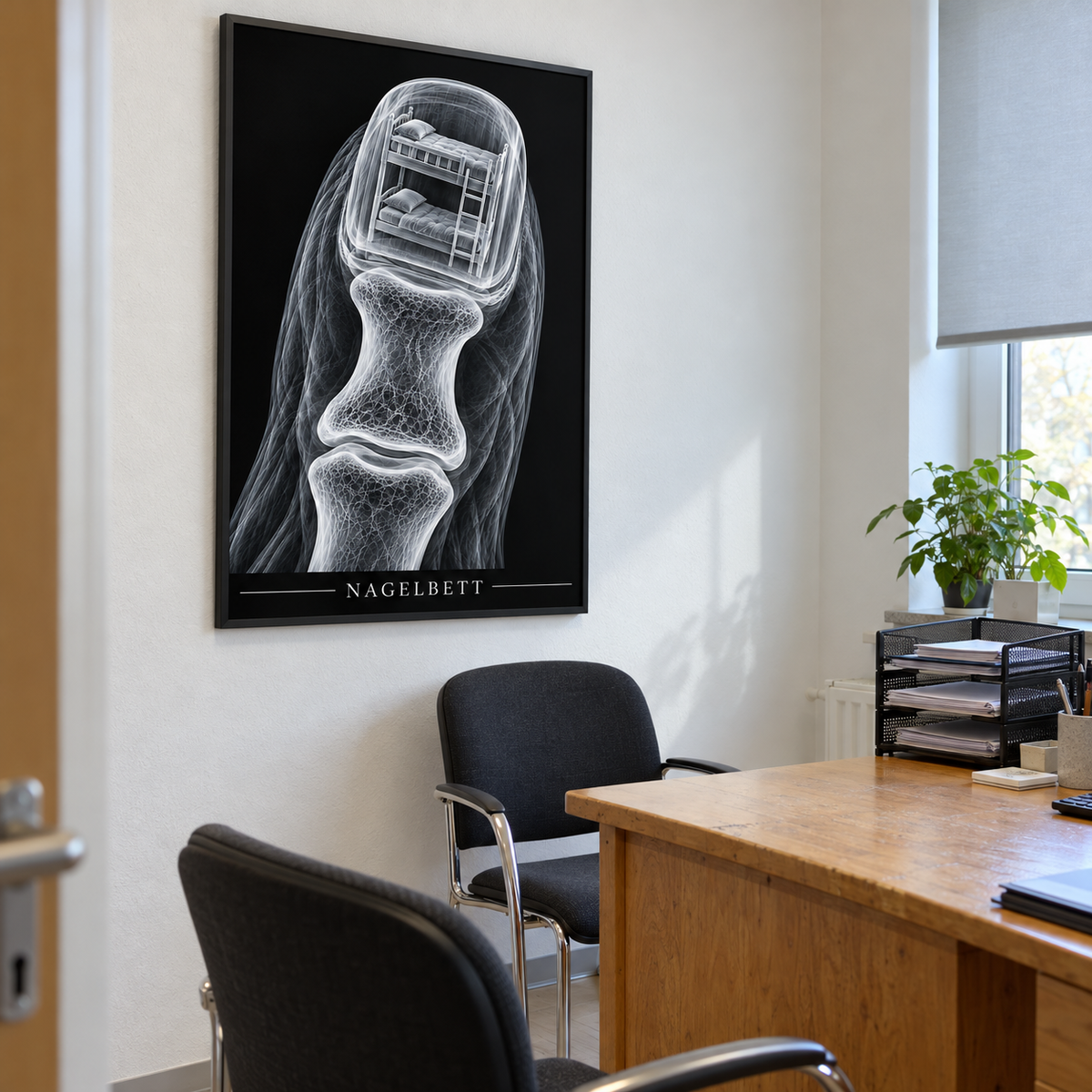 Nagelbett – Etagenbett – gerahmtes Wandbild im Praxisbüro