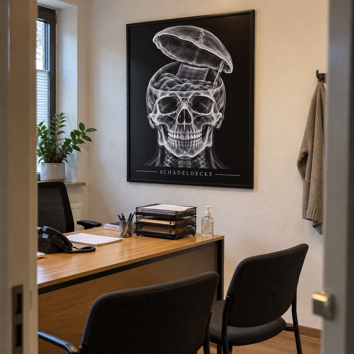 Schädeldecke – Kuschelbett – gerahmtes Wandbild im Praxisbüro