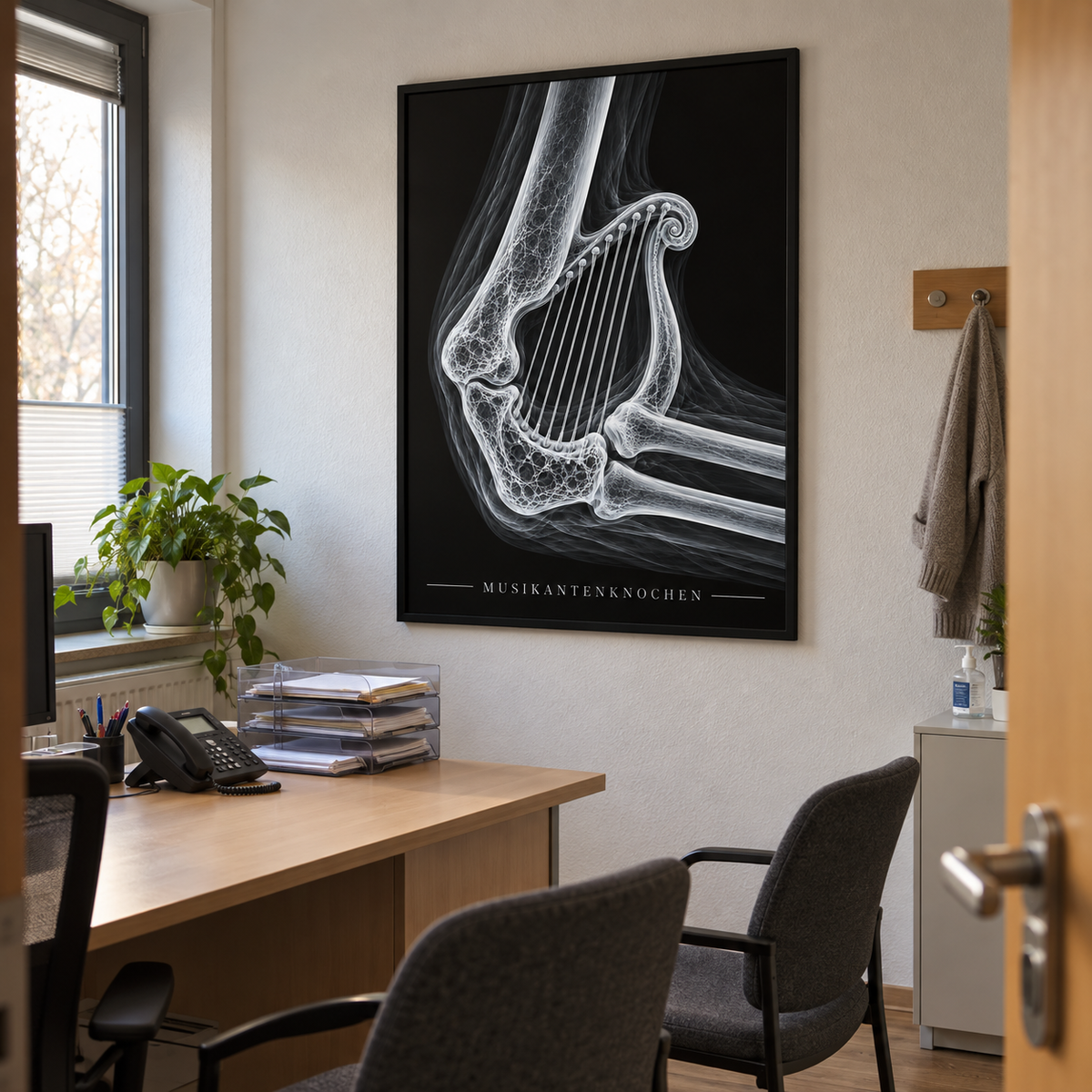 Musikantenknochen – Harfe – gerahmtes Wandbild im Praxisbüro