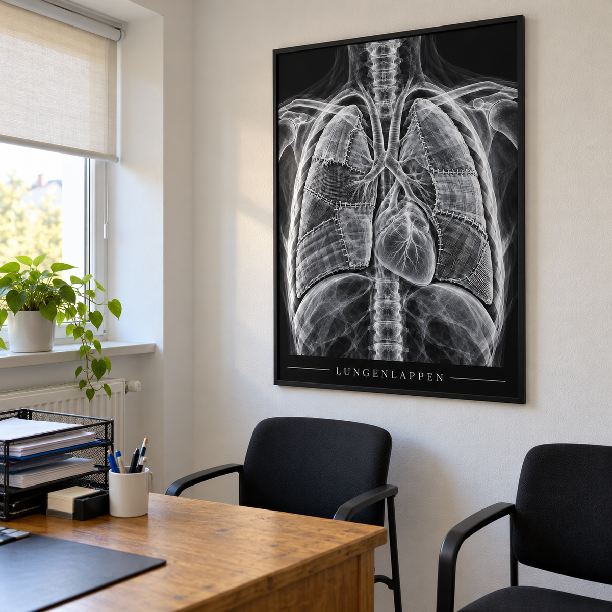 Lungenlappen – Patchwork – gerahmtes Wandbild im Praxisbüro