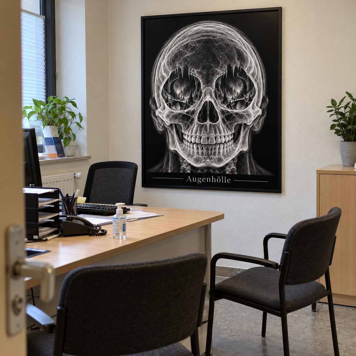 Augenhölle – Schattenbrücken – gerahmtes Wandbild im Praxisbüro