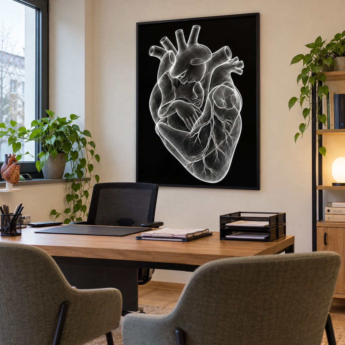 Stirnkuss – Silbernes Herzlicht als gerahmtes Bild im Gesprächszimmer einer Arztpraxis.