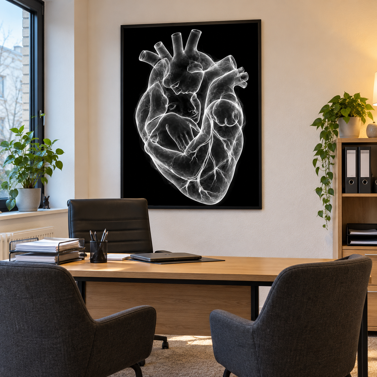 Stirnkuss – Silberne Nähe als gerahmtes Bild im Gesprächszimmer einer Arztpraxis.