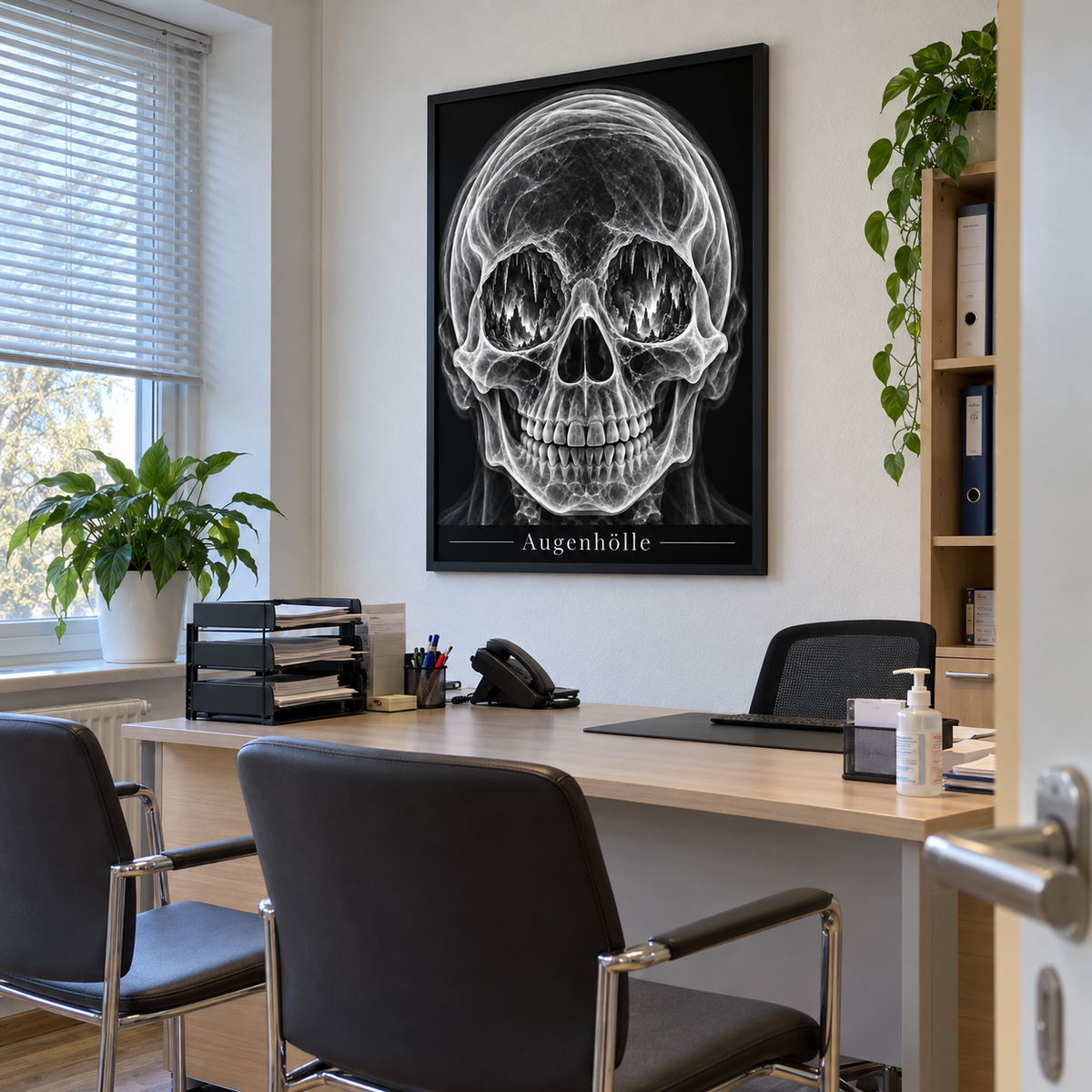 Augenhölle – Feuerhöhlen – gerahmtes Wandbild im Praxisbüro