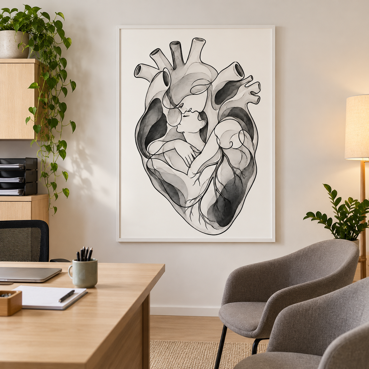 Stirnkuss – Schwarz auf Weiß als gerahmtes Bild im Gesprächszimmer einer Arztpraxis.