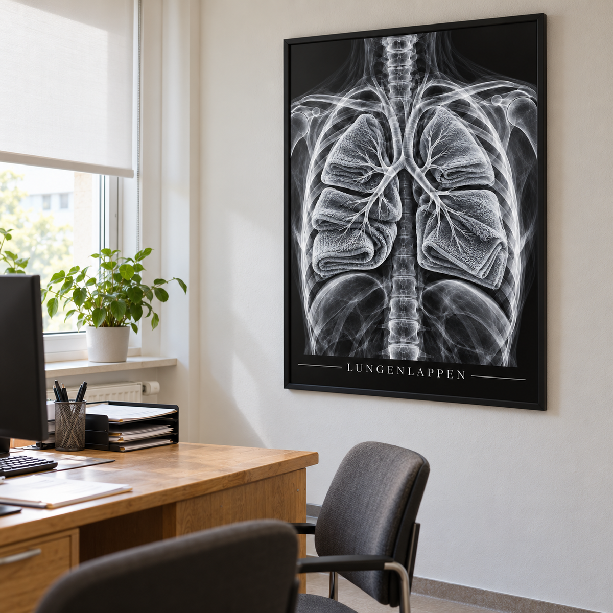 Lungenlappen – Frottiertücher – gerahmtes Wandbild im Praxisbüro