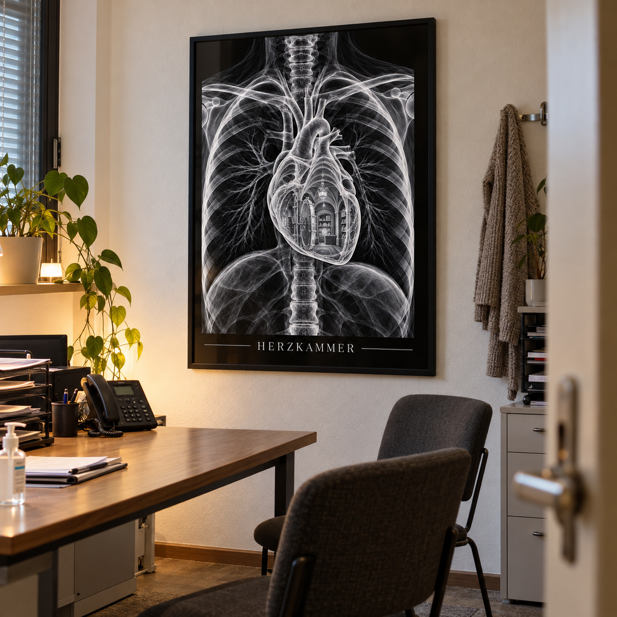 Herzkammer – Tresor – gerahmtes Wandbild im Praxisbüro