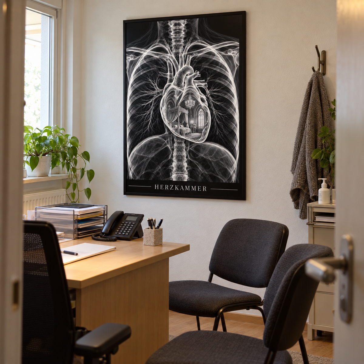 Herzkammer – Himmelbett – gerahmtes Wandbild im Praxisbüro