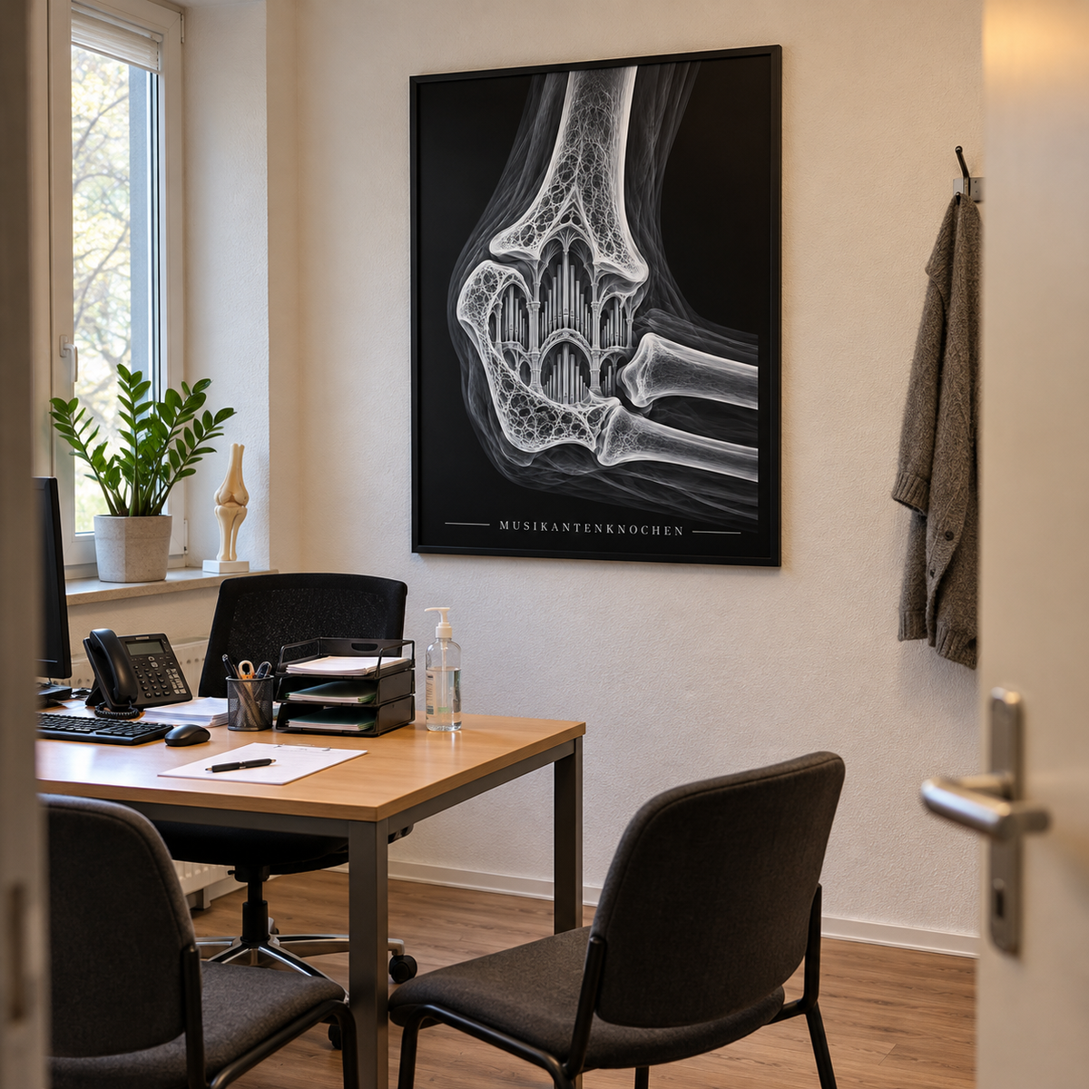 Musikantenknochen – Orgel – gerahmtes Wandbild im Praxisbüro