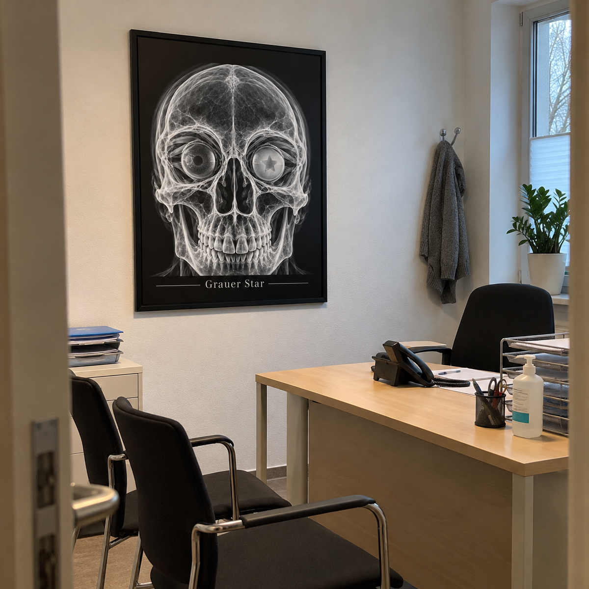 Grauer Star – gerahmtes Wandbild im Praxisbüro