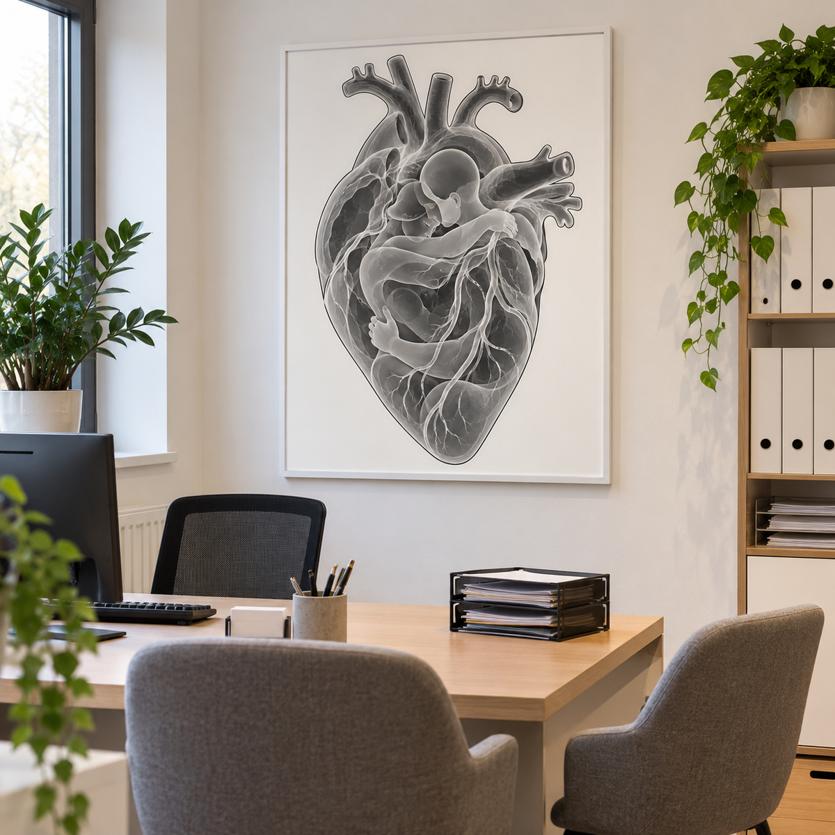 Herzumarmung – Zarte Nähe als gerahmtes Bild im Gesprächszimmer einer Arztpraxis.