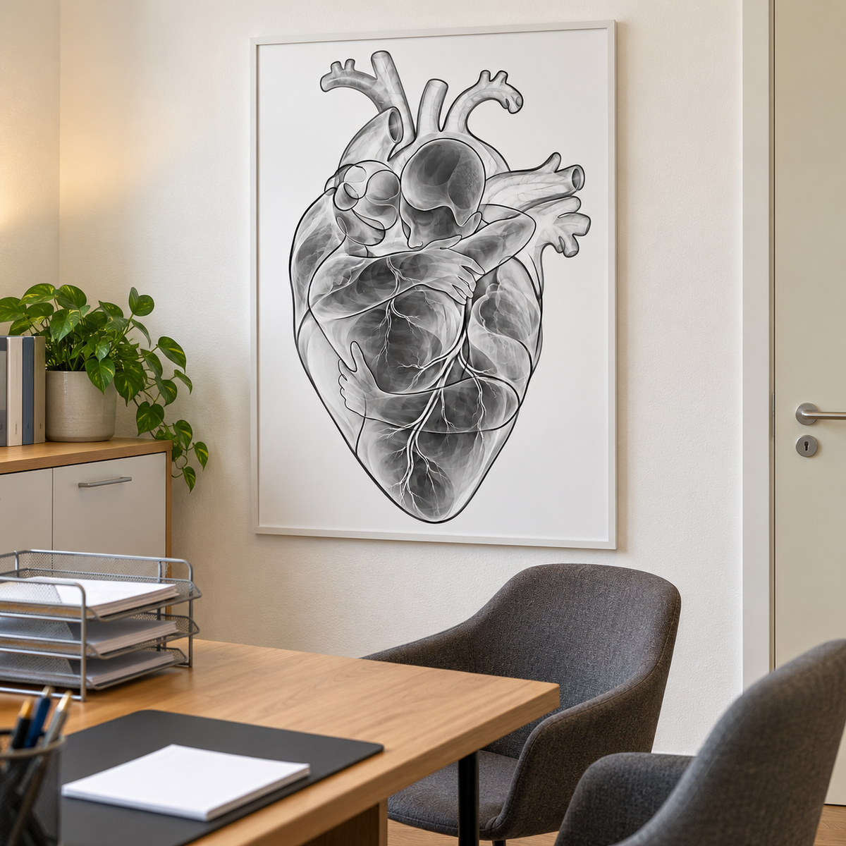 Herzumarmung – Klare Konturen als gerahmtes Bild im Gesprächszimmer einer Arztpraxis.