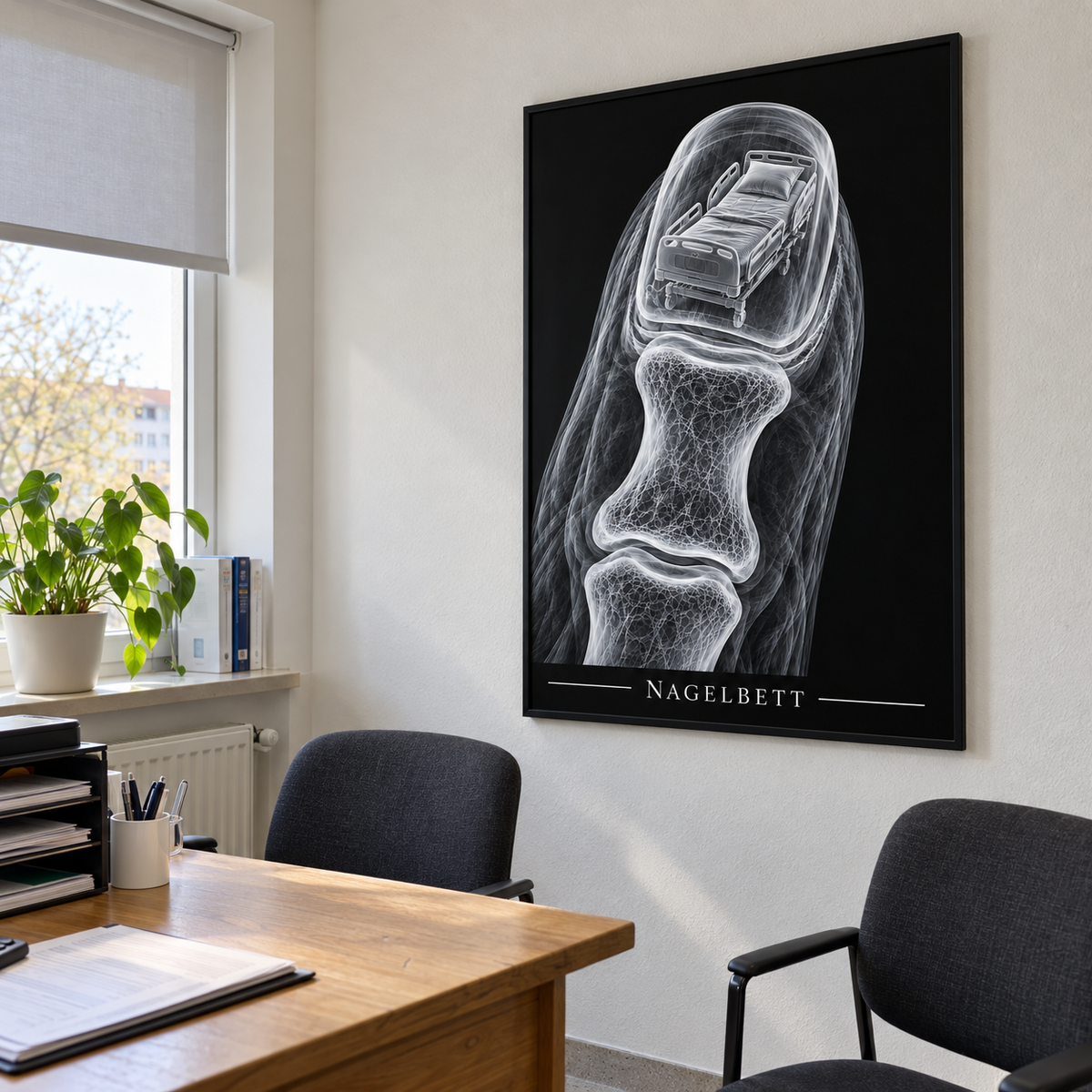 Nagelbett – Klinikbett – gerahmtes Wandbild im Praxisbüro