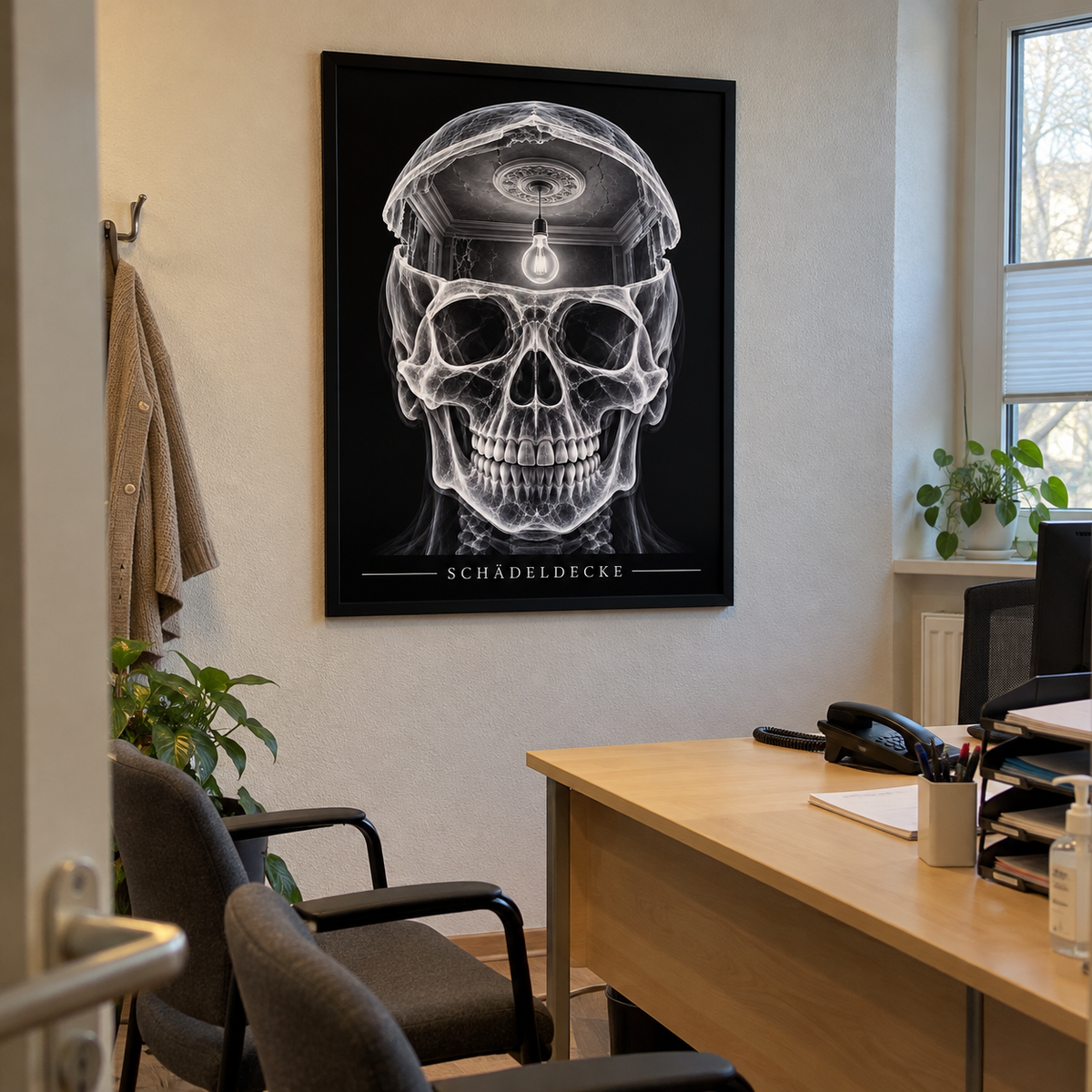 Schädeldecke – Deckenrosette – gerahmtes Wandbild im Praxisbüro