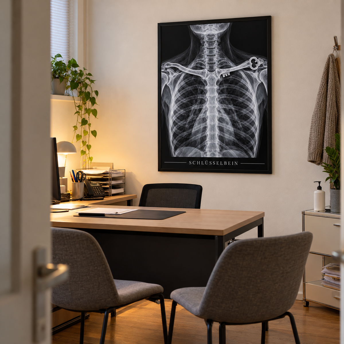 Schlüsselbein – gerahmtes Wandbild im Praxisbüro