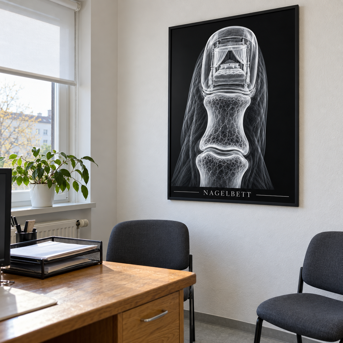 Nagelbett – Himmelbett – gerahmtes Wandbild im Praxisbüro
