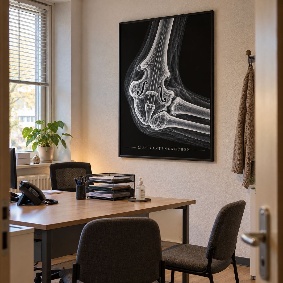 Musikantenknochen – Geige – gerahmtes Wandbild im Praxisbüro
