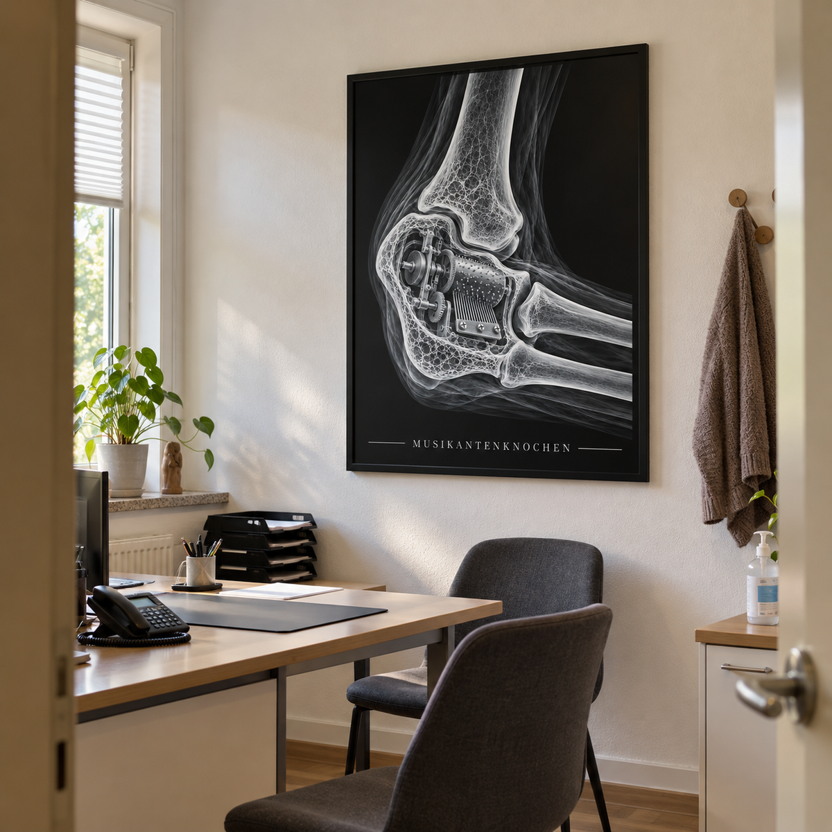 Musikantenknochen – Spieluhr – gerahmtes Wandbild im Praxisbüro