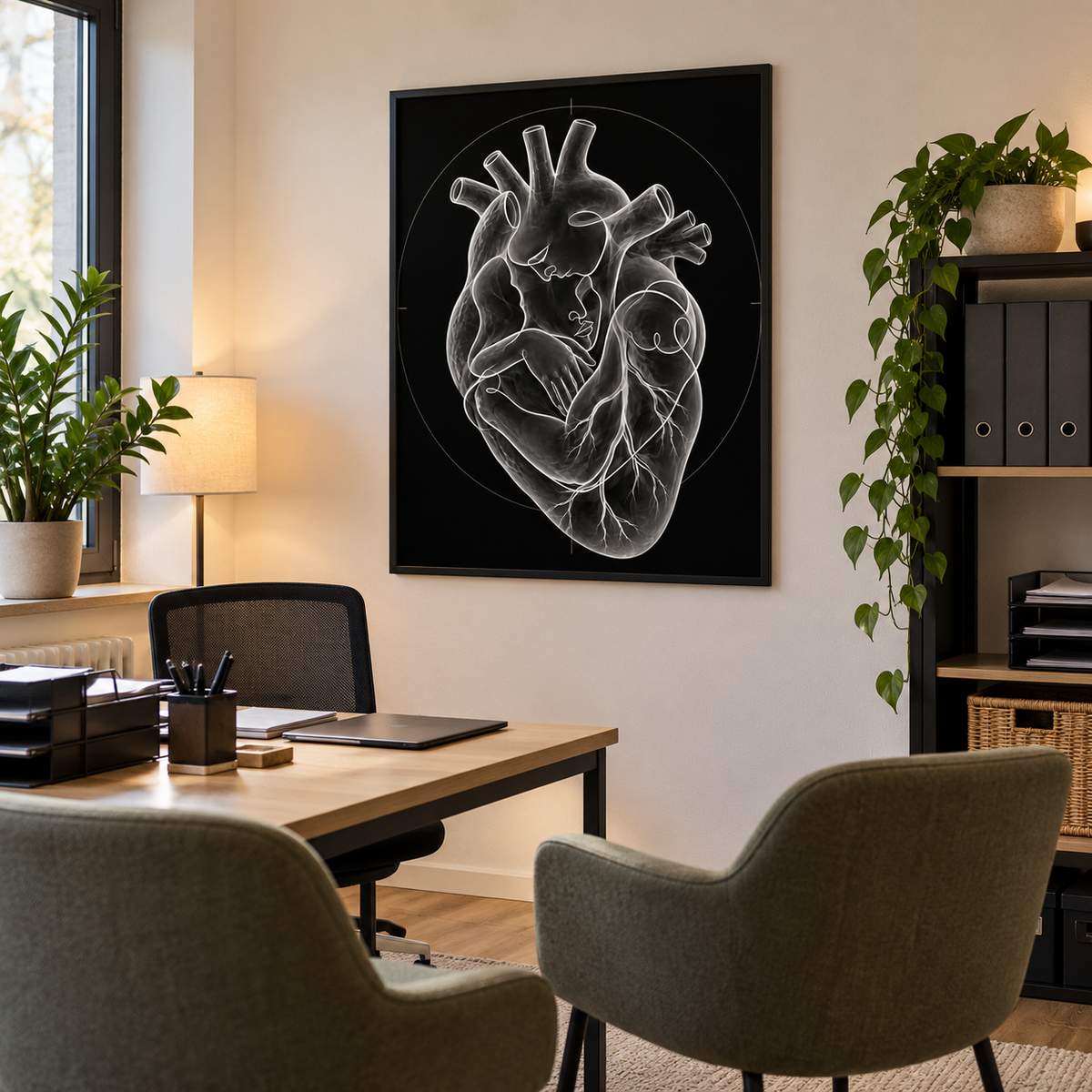 Stirnkuss – Kreis der Nähe als gerahmtes Bild im Gesprächszimmer einer Arztpraxis.