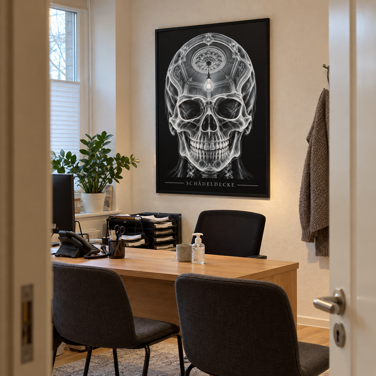Schädeldecke – Stuckgewölbe – gerahmtes Wandbild im Praxisbüro
